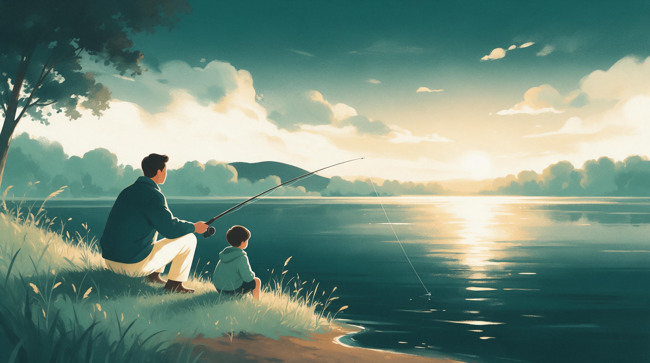 A parent and son sitting together fishing at a lake at sunset